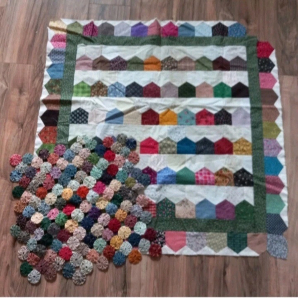 Handmade Unfinished Quilted Patchwork Log Cabin & Yo-Yo Pattern Quilt Lot Of 2
